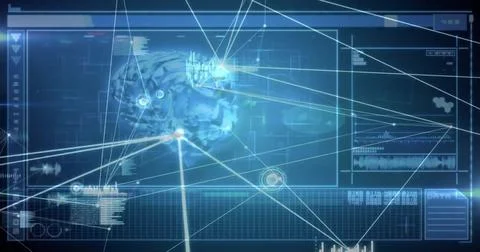 Image of communication network over interface with brain and processing data Illustrazione stock