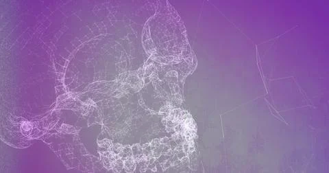 Image of complex network of connections forming human skull on purple background 스톡 일러스트