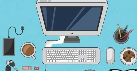 Image of computer and office items over blue spinning stripes Illustrazione stock