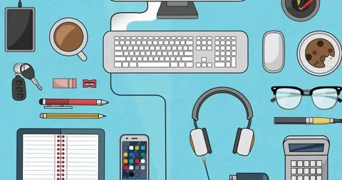 Image of computer and office items over blue spinning stripes Illustrazione stock