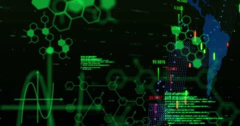 Image of computer and scientific data processing on black background Stock Illustration