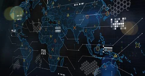 Image of computer and scientific data processing on black background Stock Photos