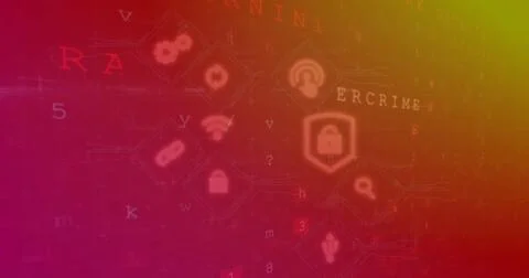 Image of computer application icons over texts, symbols, numbers and letters in Stockillustratie