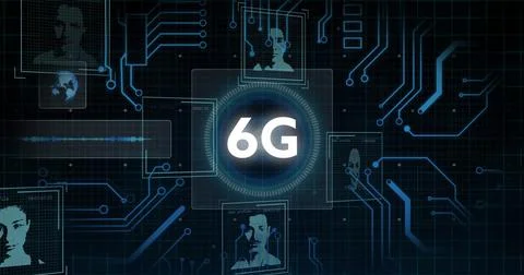 Image of computer circuit board with 6g over data processing with portraits on Stock Photos