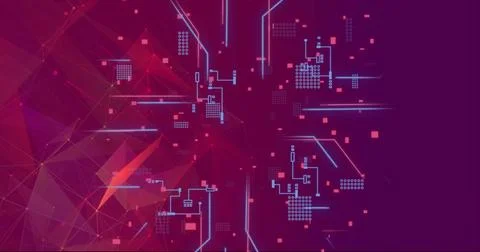 Image of computer circuit board and network of connections on purple background Stock Illustration
