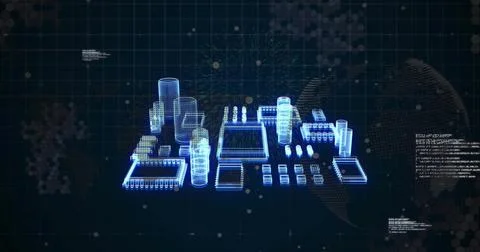 Image of computer circuit board and data processing over globe on black Stock Illustration
