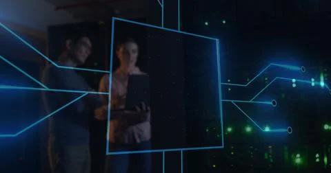 Image of computer circuit board and digital brain over diverse workers in server Fotos de archivo