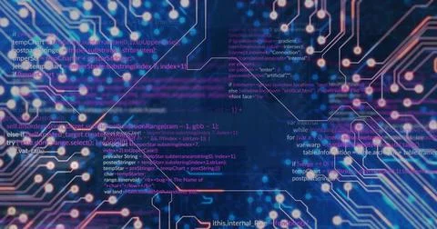 Image of computer circuit board and data processing over server room 스톡 사진