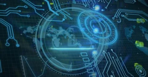 Image of computer circuit board and scope scanning over cyber security with Stock Photos