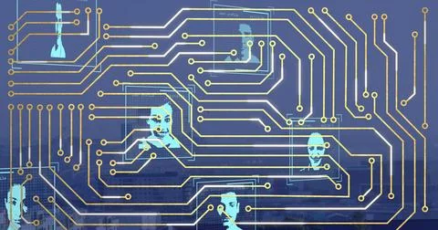 Image of computer circuit board and data processing with diverse people Foto stock