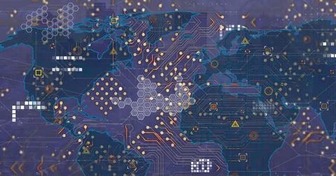 Image of computer circuit board and world map with data processing over 写真素材