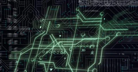 Image of computer circuit board with data processing on black background Illustrazione stock