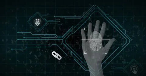 Image of computer circuit board elements and biometric fingerprint with data 스톡 일러스트