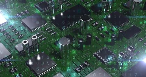Image of computer circuit board elements and binary coding over green background Stock Photos