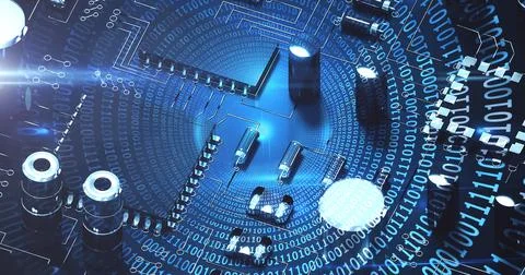 Image of computer circuit board elements and binary coding over blue background Stock Photos