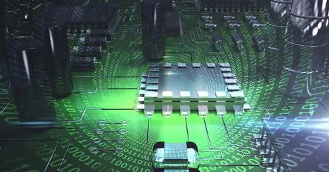 Image of computer circuit board elements and binary coding over green background Stock Photos