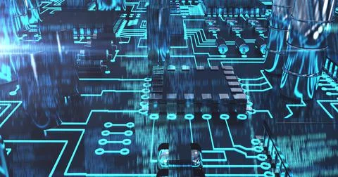 Image of computer circuit board elements over blue background Stock Photos