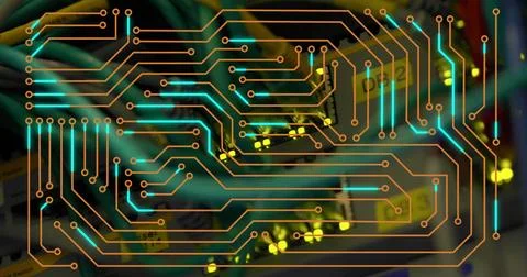 Image of computer circuit board over server room Stock Illustration