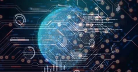 Image of computer circuit board over globe with data processing on black Stock Illustration