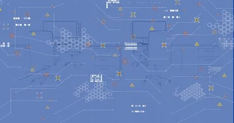 Image of computer circuit board over desks with computers on blue background Stock Illustration