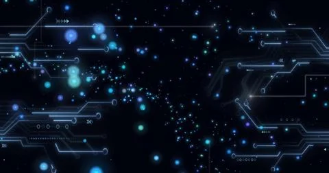 Image of computer circuit board over light spots on black background Stock Illustration