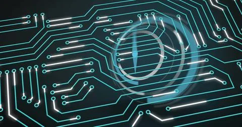 Image of computer circuit board over clock on blackv background Foto stock