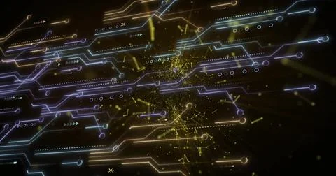 Image of computer circuit board over network of connections on black background Foto stock