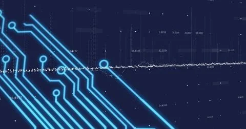 Image of computer circuit board over data processing on black background Foto stock