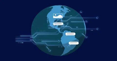 Image of computer circuit board over globe with icons on blue background Foto stock