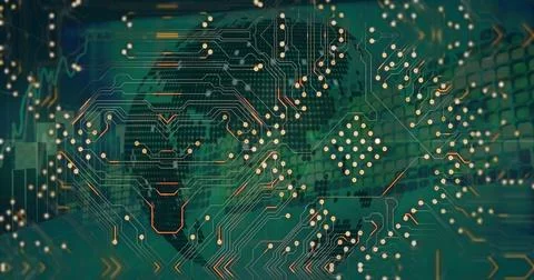 Image of computer circuit board over globe on black background Foto stock