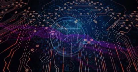 Image of computer circuit board over scope scanning and dna strand on black 스톡 사진