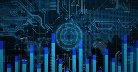 Image of computer circuit board, world map and data processing Ilustración de archivo