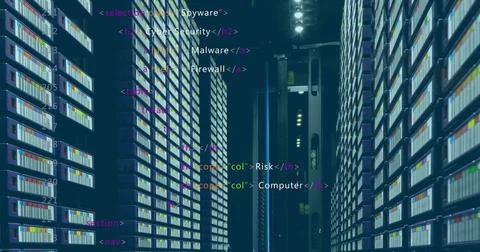 Image of computer data processing HTML over computer servers Stock Photos