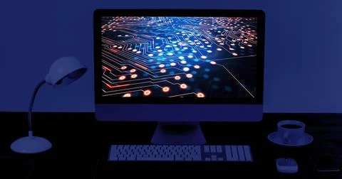 Image of computer with data processing in office Stock Photos