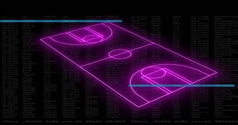 Image of computer graphic 3d neon soccer field over data processing on digital Illustrazione stock