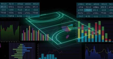 Image of computer graphic 3d neon soccer field over data, graphs, charts on Stock Illustration