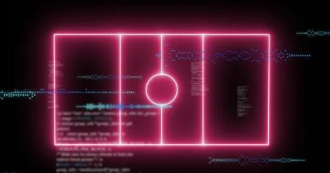Image of computer graphic 3d neon soccer field over data processing on digital Stock Photos