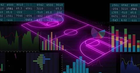 Image of computer graphic 3d neon soccer field over data, graphs, charts on Stock Photos
