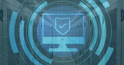 Image of computer icon and data processing over server room Stock Photos