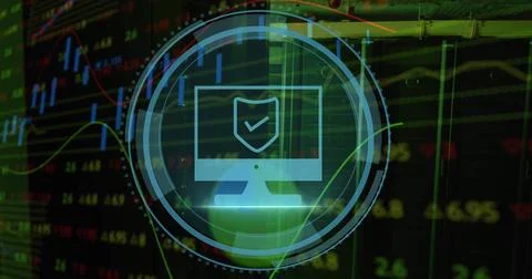 Image of computer icon over data processing and server room Stock Photos