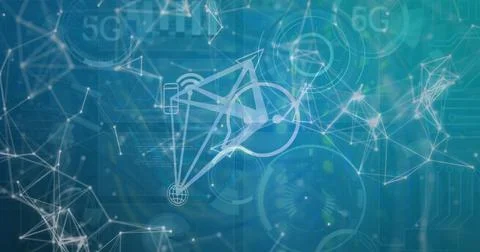 Image of computer icons and dots interconnecting with lines and circles with 5g Stock Photos