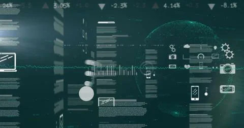 Image of computer icons and programming language moving over globe Stock Photos