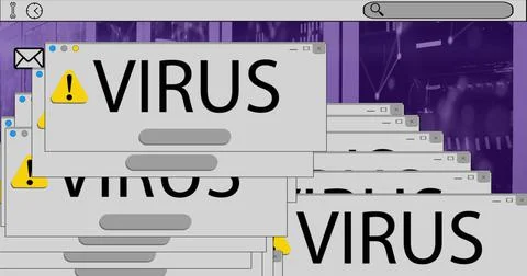 Image of computer icons and virus texts over server room 스톡 일러스트