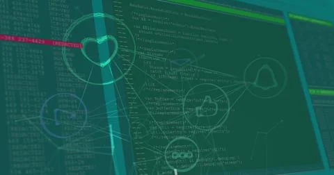 Image of computer icons interconnecting with lines against computer language 스톡 일러스트