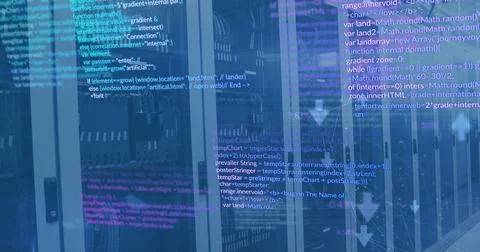 Image of computer language and connected icons over data server racks in server Stock Illustration