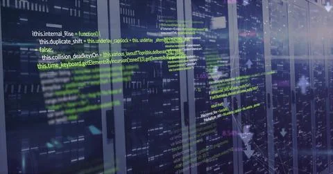 Image of computer language and connected arrow over data server systems in .. Stock Photos