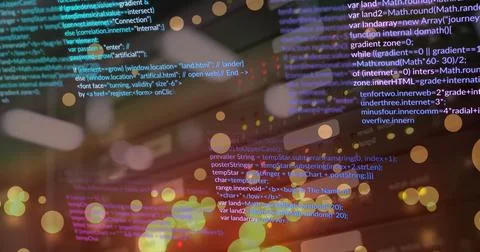 Image of computer language and falling lens flares over multiple modems in .. 写真素材