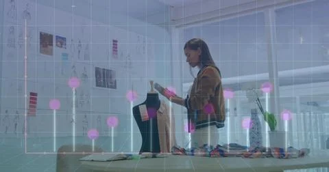 Image of computer language and graph on biracial female designer checking d.. 스톡 사진