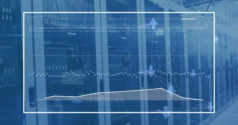 Image of computer language and graph over data server racks Foto stock