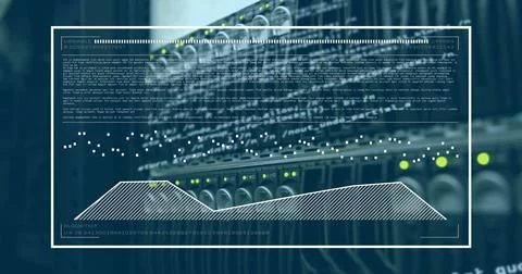 Image of computer language and graph over data server systems Stock Photos